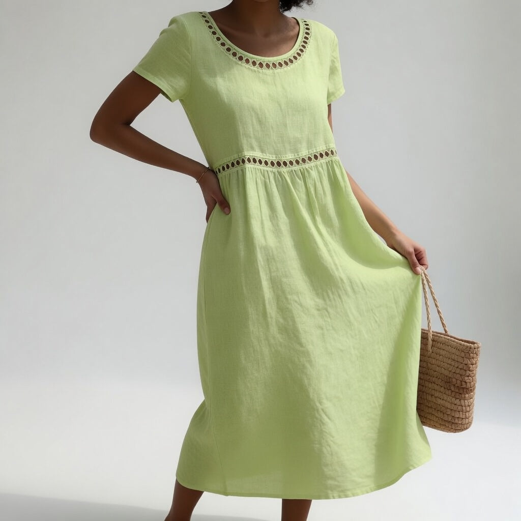 OLVISS| ROBE MI-LONGUE BRODÉE 100% COTON POUR FEMMES