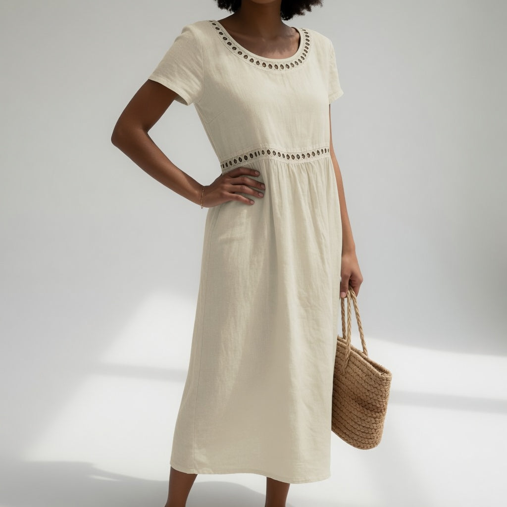 OLVISS| ROBE MI-LONGUE BRODÉE 100% COTON POUR FEMMES